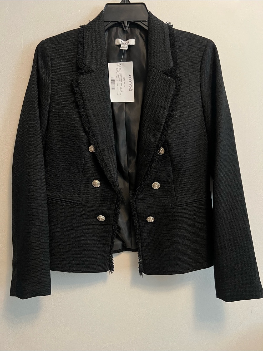 Bar III Women's Black Textured Fringed Double-Breasted Blazer Jacket Size XS